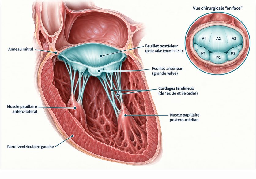 Schéma anatomique en coupe du cœur gauche montrant l'anneau mitral, les feuillets antérieur et postérieur, les cordages tendineux, les deux muscles papillaires et la paroi ventriculaire gauche.
