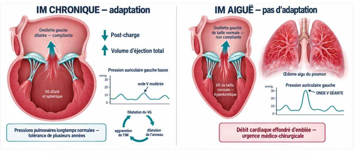 Schéma explicatif du jet régurgitant mitral au Doppler couleur montrant la zone de convergence hémisphérique, la vena contracta et le jet dans l'oreillette gauche, avec les formules de calcul de la surface de l'orifice régurgitant et du volume régurgité et les seuils de sévérité.