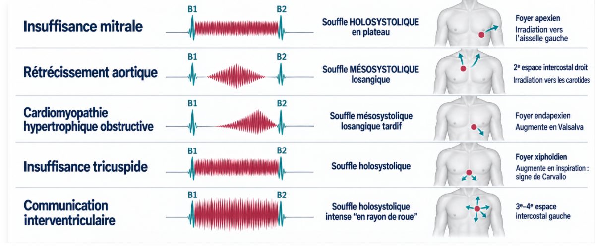 Planche comparative des phonocardiogrammes schématiques du souffle d'insuffisance mitrale, du rétrécissement aortique, de la cardiomyopathie hypertrophique obstructive, de l'insuffisance tricuspide et de la communication interventriculaire, avec foyers d'auscultation et irradiations.