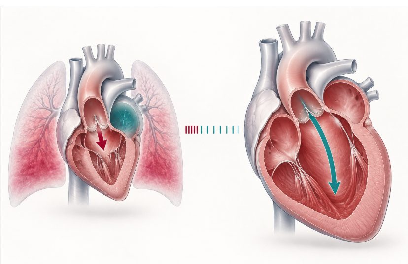 Comparaison en deux silhouettes d'un cœur de taille normale en insuffisance aortique aiguë et d'un cœur dilaté en insuffisance aortique chronique.