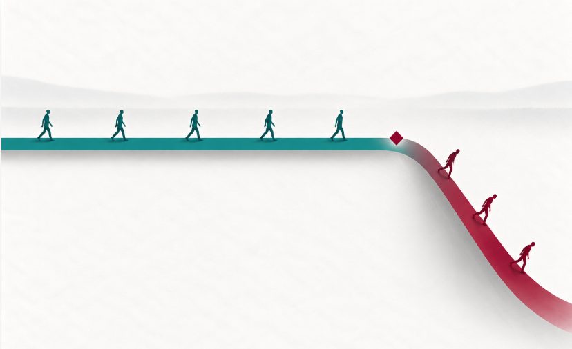Illustration métaphorique d'un chemin plat qui bascule brutalement en pente abrupte, figurant la longue phase asymptomatique du rétrécissement aortique serré puis le tournant évolutif brutal.