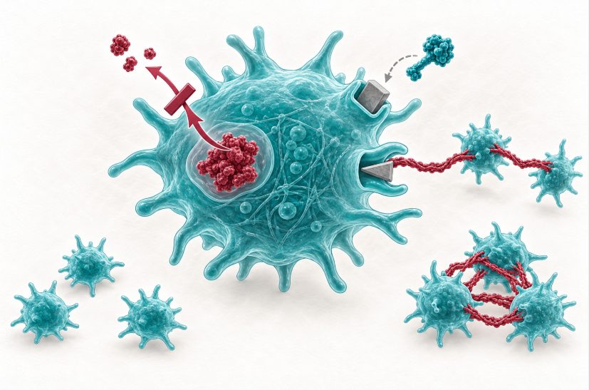 Schéma d'une plaquette activée montrant les trois cibles de l'antiagrégation : synthèse du thromboxane, récepteur de l'ADP et récepteur de la glycoprotéine IIb/IIIa.