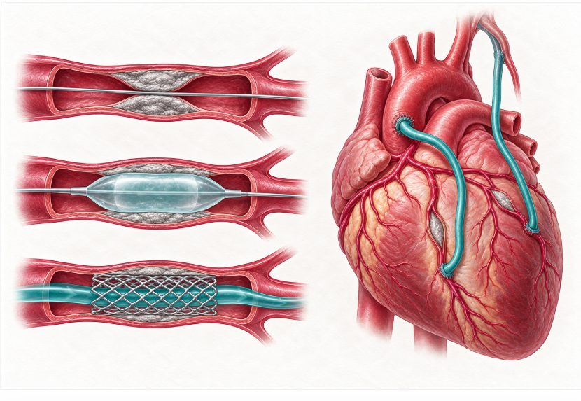 Comparaison en deux panneaux entre une angioplastie avec pose d'un stent en trois temps et un pontage aorto-coronarien contournant deux lésions laissées en place.