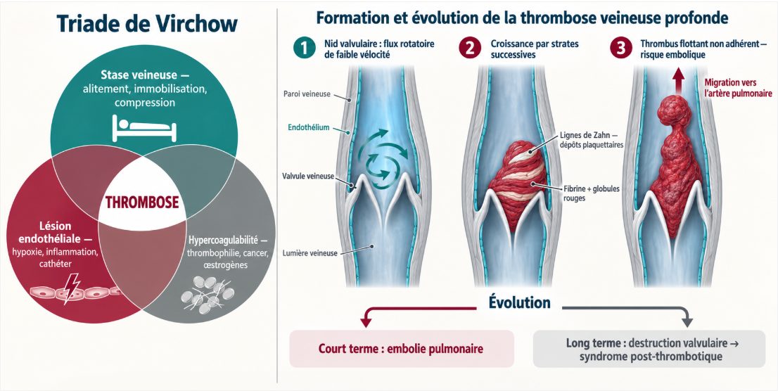 Schéma en deux parties : à gauche, la triade de Virchow sous forme de trois cercles se recoupant (stase, lésion endothéliale, hypercoagulabilité) ; à droite, coupe longitudinale d'une veine montrant le tourbillon de flux derrière une valvule, la naissance du thrombus, sa croissance par strates avec les lignes de Zahn, puis la tête flottante libre dans la lumière.