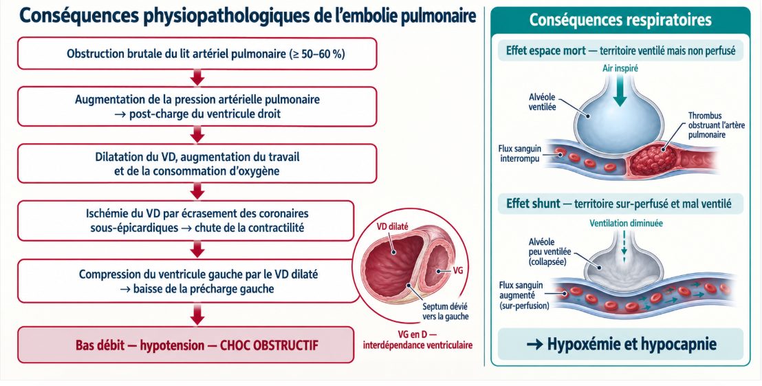 Diagramme de cascade en six étapes reliant l'obstruction artérielle pulmonaire à l'état de choc obstructif, avec un encart montrant la compression du ventricule gauche par le ventricule droit dilaté et un encart sur l'effet espace mort et l'effet shunt.