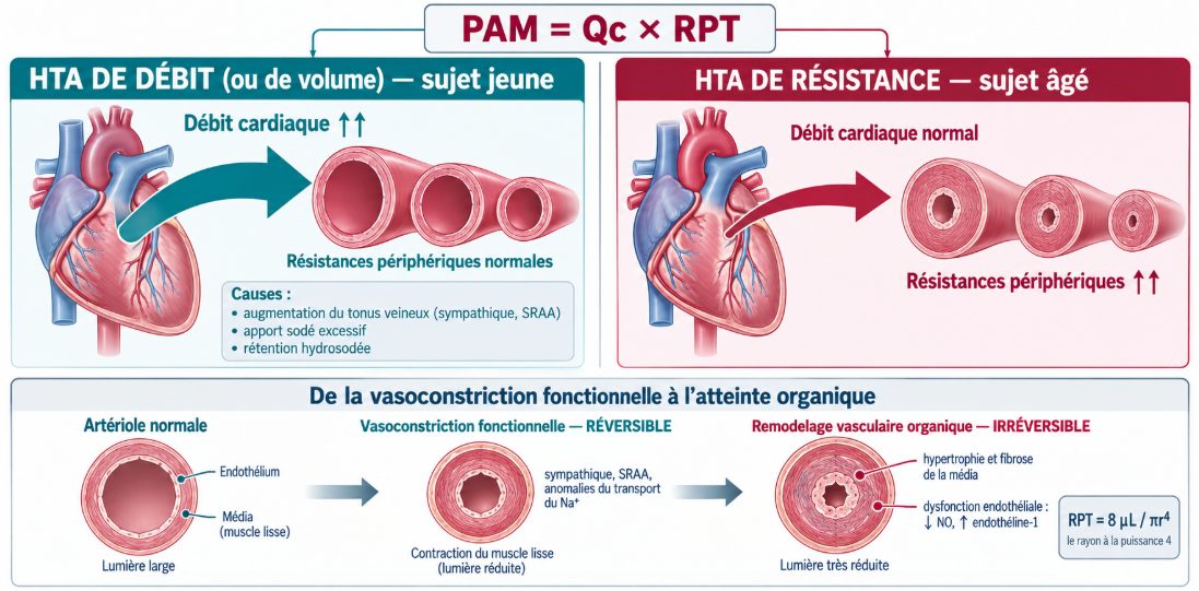 Schéma comparatif opposant l'HTA de débit du sujet jeune (débit cardiaque élevé, résistances normales) et l'HTA de résistance du sujet âgé (débit normal, résistances élevées), avec l'évolution de la vasoconstriction fonctionnelle vers l'atteinte pariétale organique.