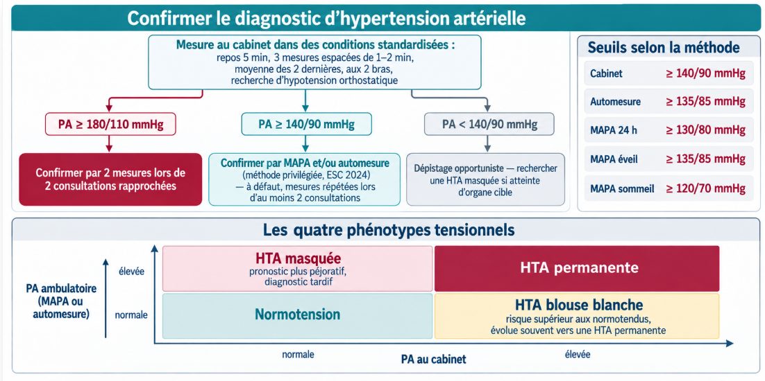 Algorithme décisionnel pour confirmer le diagnostic d'hypertension artérielle à partir de la mesure au cabinet, de la MAPA et de l'automesure, complété par un tableau à quatre quadrants distinguant normotension, HTA blouse blanche, HTA masquée et HTA permanente.