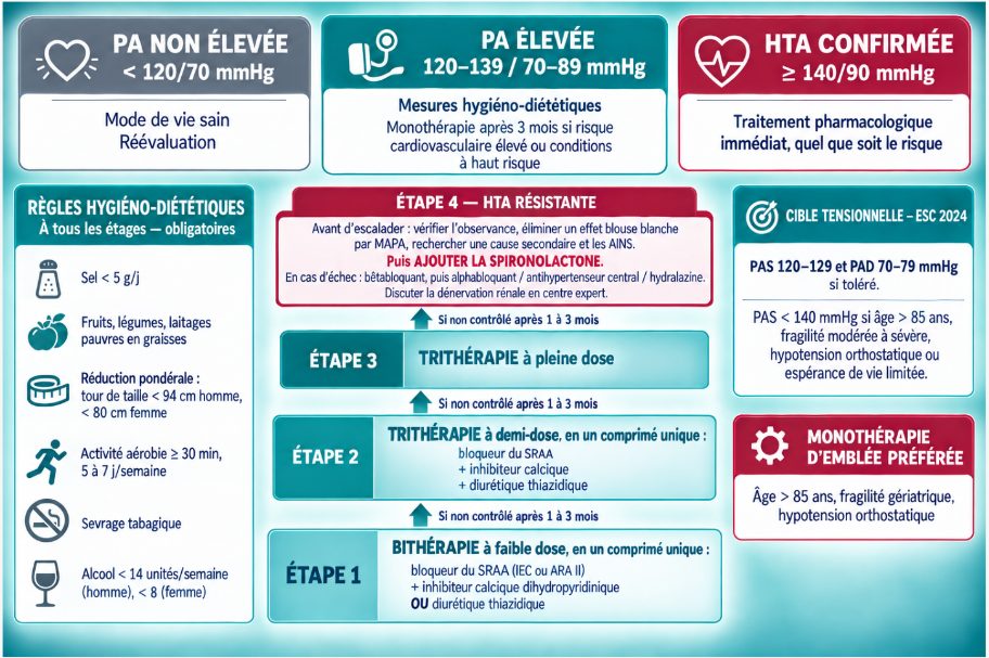Algorithme thérapeutique en escalier montrant l'initiation par bithérapie en comprimé unique, le passage à la trithérapie, puis l'ajout de spironolactone en cas d'HTA résistante, avec les cibles tensionnelles et les indications préférentielles de chaque classe.