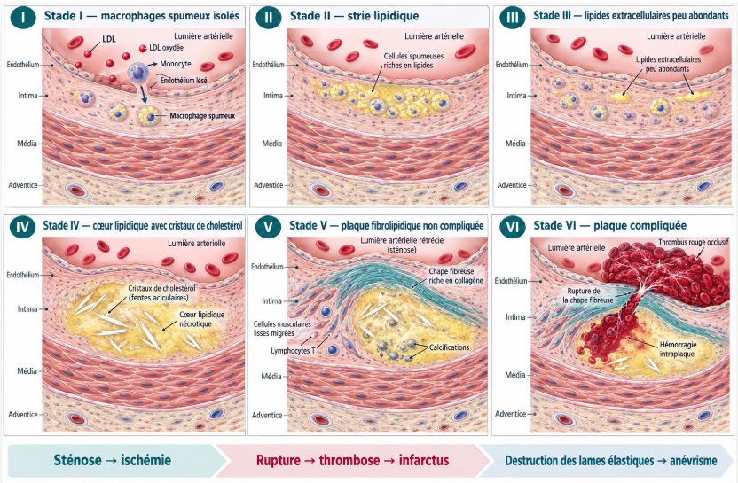 Séquence en six vignettes d'une coupe d'artère montrant l'infiltration des LDL dans l'intima, leur oxydation, la formation de macrophages spumeux, la strie lipidique, l'accumulation de lipides extracellulaires, la plaque fibrolipidique à chape fibreuse et enfin la plaque compliquée de rupture et de thrombose.