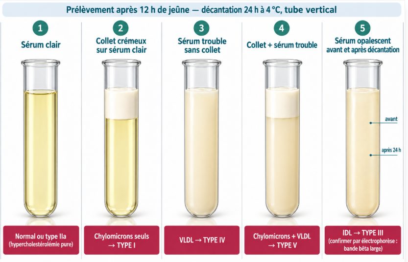 Cinq tubes à essai schématiques montrant respectivement un sérum clair, un collet crémeux sur sérum clair, un sérum trouble sans collet, un collet crémeux sur sérum trouble et un sérum opalescent homogène, chacun rattaché au phénotype de Fredrickson correspondant.