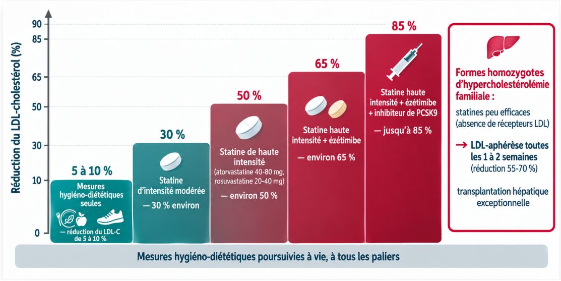 Schéma en escalier montrant les quatre paliers successifs du traitement hypocholestérolémiant, des mesures hygiéno-diététiques à l'association statine haute intensité + ézétimibe + inhibiteur de PCSK9, avec le pourcentage moyen de réduction du LDL-cholestérol attendu à chaque palier.