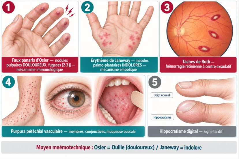 Planche comparative des signes périphériques : faux panaris d'Osler, érythème de Janeway, taches de Roth, purpura pétéchial et hippocratisme digital, classés par mécanisme.