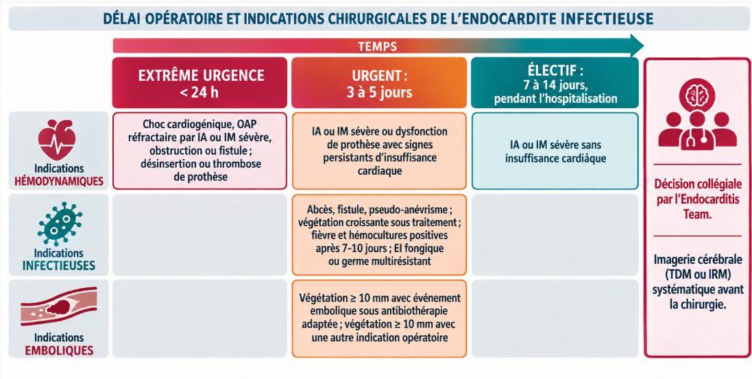 Frise chronologique en trois niveaux d'urgence chirurgicale (moins de 24 heures, 3 à 5 jours, 7 à 14 jours) croisant les trois familles d'indications.