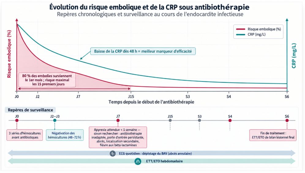 Courbe montrant la décroissance du risque embolique et de la CRP au cours du premier mois de traitement, avec les repères de surveillance clinique, biologique et échographique.
