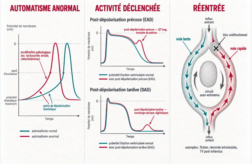 Schéma comparatif en trois panneaux illustrant l'automatisme anormal, l'activité déclenchée par post-dépolarisations et le circuit de réentrée.