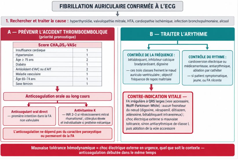 Schéma en deux colonnes présentant d'un côté l'évaluation du risque embolique et l'anticoagulation, de l'autre le contrôle de la fréquence ou du rythme, avec l'encadré de contre-indication des freinateurs du nœud dans la fibrillation auriculaire sur voie accessoire.