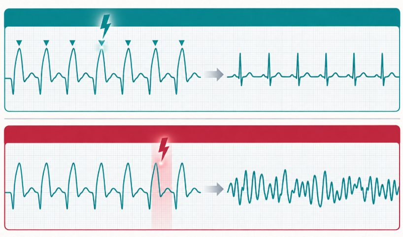 Schéma comparatif en deux panneaux opposant un choc électrique synchronisé sur le complexe ventriculaire et un choc délivré pendant la repolarisation, avec leurs résultats respectifs.