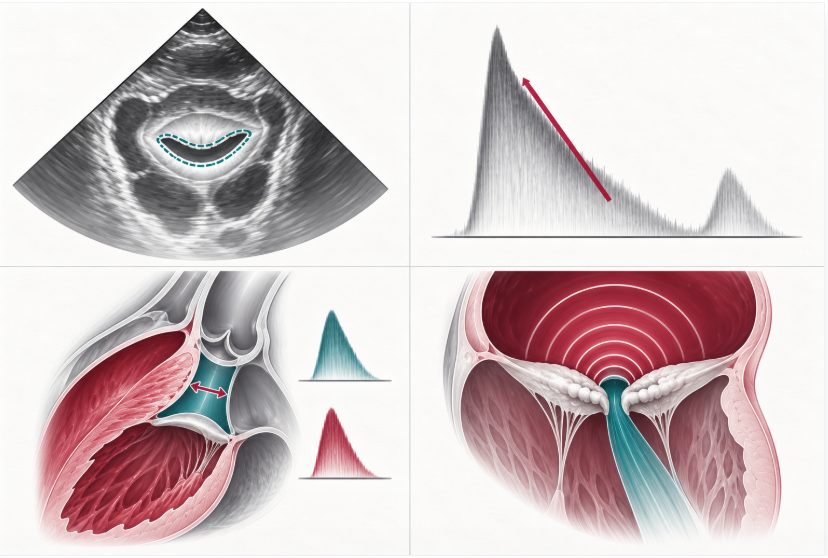 Planche en quatre cadrans comparant la planimétrie en coupe petit axe, la pente de décroissance du flux Doppler mitral, la chambre de chasse sous-aortique de l'équation de continuité et l'hémisphère de convergence de la méthode PISA.