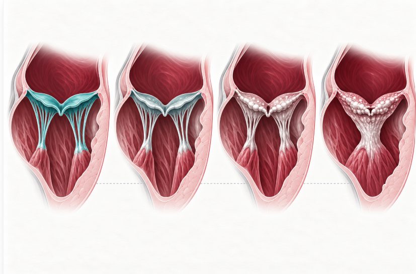Planche illustrant la progression morphologique d'une valve mitrale rhumatismale, de la forme fine et mobile à la forme épaissie, calcifiée et rétractée qui définit un score de Wilkins élevé.