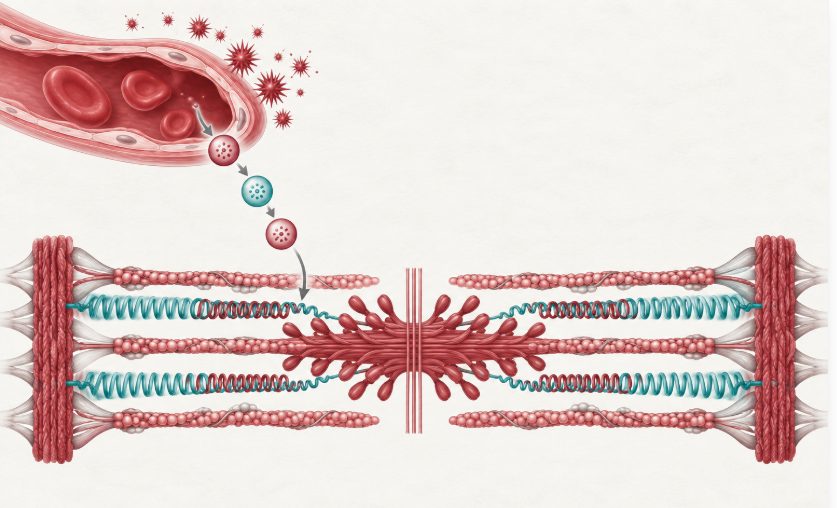 Schéma d'un sarcomère avec la titine figurée en ressort entre la ligne Z et la bande M, et cascade de signalisation partant d'une cellule endothéliale capillaire voisine.