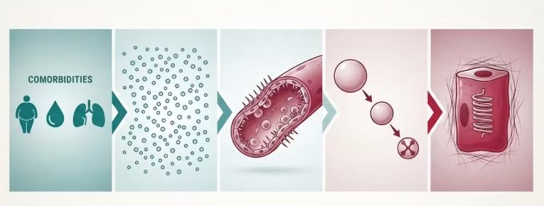 Cascade horizontale en cinq étapes, des comorbidités métaboliques vers l'inflammation systémique, l'endothélium coronaire, la chute de la signalisation intracellulaire et le cardiomyocyte hypertrophié et rigide.