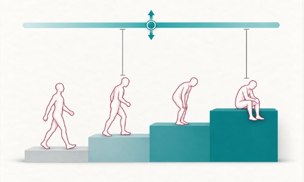 Escalier à quatre paliers gravi par une silhouette, surmonté d'une barre horizontale mobile figurant le niveau d'exigence d'activité du patient.