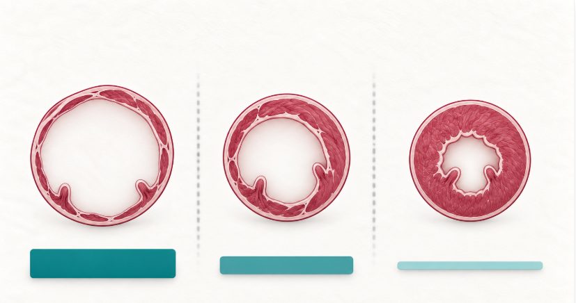 Trois ventricules gauches en coupe, de la cavité très dilatée de la fraction réduite jusqu'à la cavité de taille normale à paroi épaissie de la fraction préservée, chacun associé à un bandeau dont l'épaisseur figure le niveau de preuve thérapeutique disponible.
