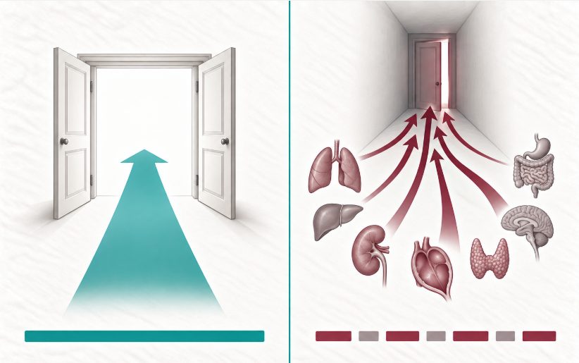 Schéma opposant la porte largement ouverte de l'exclusion, quand le peptide est bas, et le couloir encombré de l'affirmation, quand le peptide est élevé et se confond avec de nombreuses autres causes.